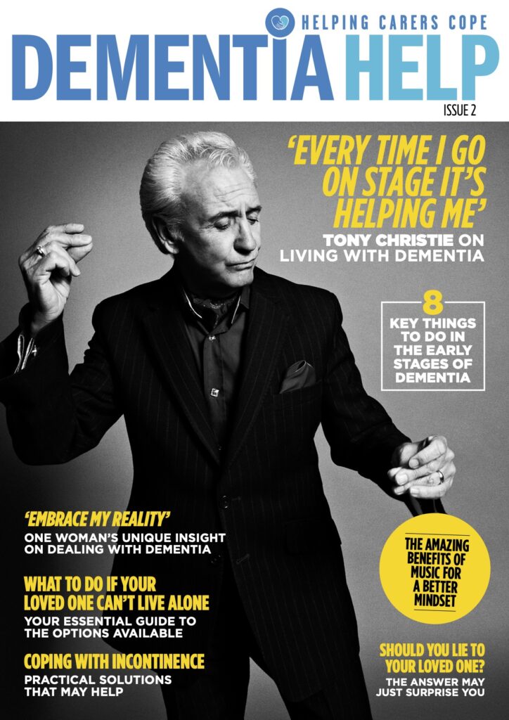 Front cover of Dementia Help Magazine issue 2 featuring 60s singing star Tony Christie